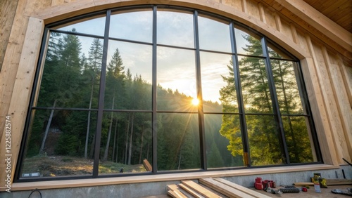 A closeup of a large glass window being installed reflecting sunlight and the forested landscape beyond merging indoors with the outdoors.