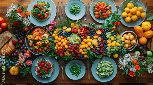 a rustic table featuring colorful vegan dishes, fruits, and flowers