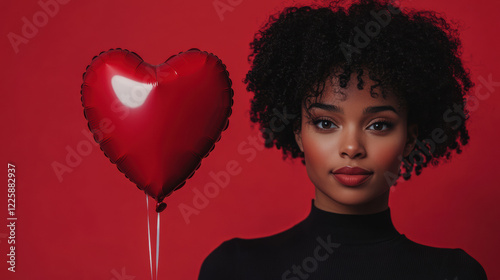 a beautiful woman holding a heart-shaped balloon against a red background. Valentines day concept
