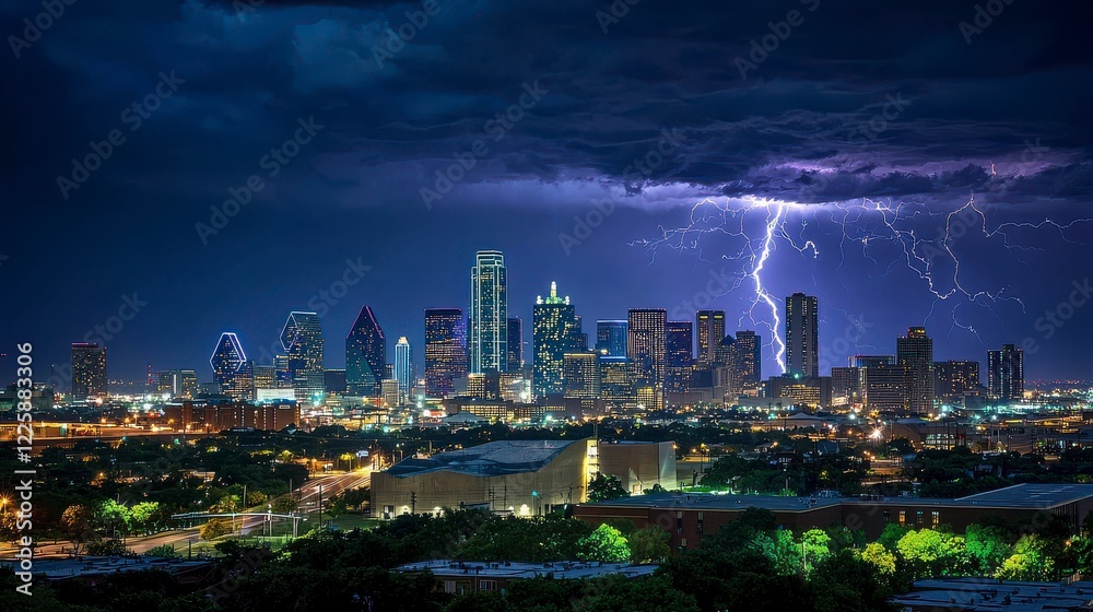 Fototapeta premium Dramatic Lightning Storm Over City Skyline