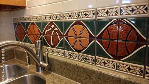 A closeup of a sportsthemed backsplash being tiled behind a sink area displaying intricate patterns and a glossy finish that adds flair to the utility space. photo