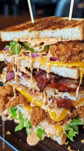 outrageous close-up of an impossibly tall sandwich with countless layers stacked to excess, creating a visually jaw-dropping spectacle