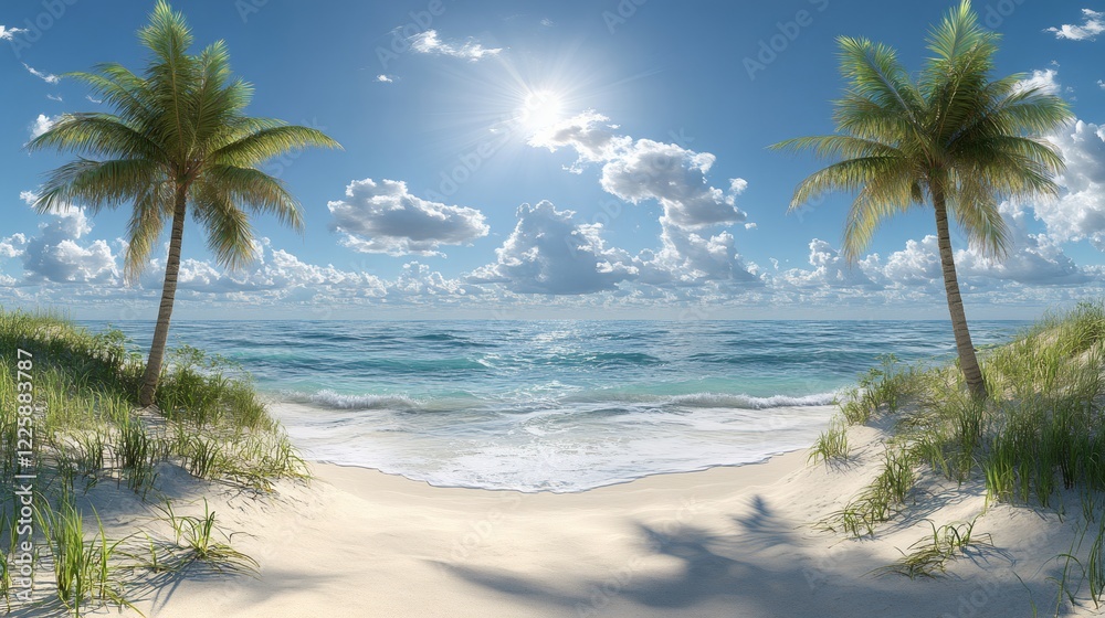 Obraz premium Tropical Paradise: Idyllic Beach Scene with Palm Trees and Azure Ocean