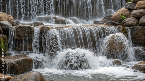 A closeup of a waterfall being renovated with water cascading over rocks and creating a fine mist capturing the intricate details of water droplets.
