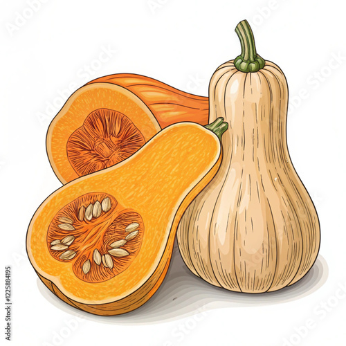 butternut squash isolated on a  white background. Vector illustration.