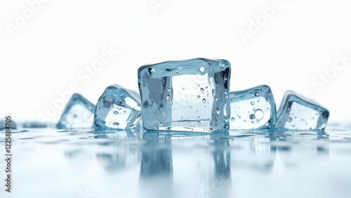 Wallpaper Mural Fresh ice cubes melting on a reflective wet surface with a white background	 Torontodigital.ca