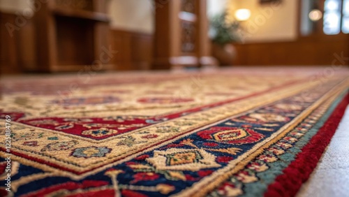A closeup of plush carpeting underfoot showcasing intricate patterns and colors that contribute to the lounges overall comfort and luxury feel.
