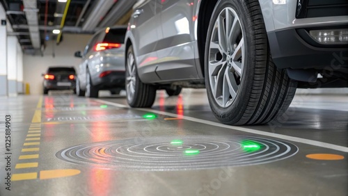 A closeup of smart sensors embedded in the parking garage floor detecting vehicle presence and relaying information to a centralized system enhanced with glowing indicators. photo