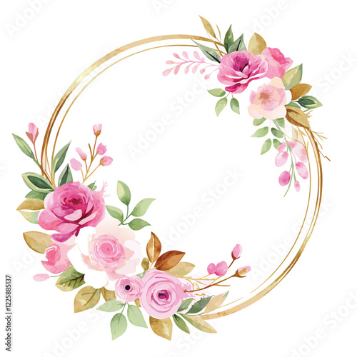 Watercolor Luxurious Floral Wreath with Pink and White Roses and Golden Circle
