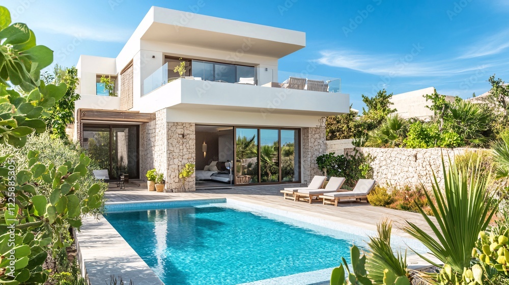 Fototapeta premium Modern luxury villa with swimming pool inviting to relaxation