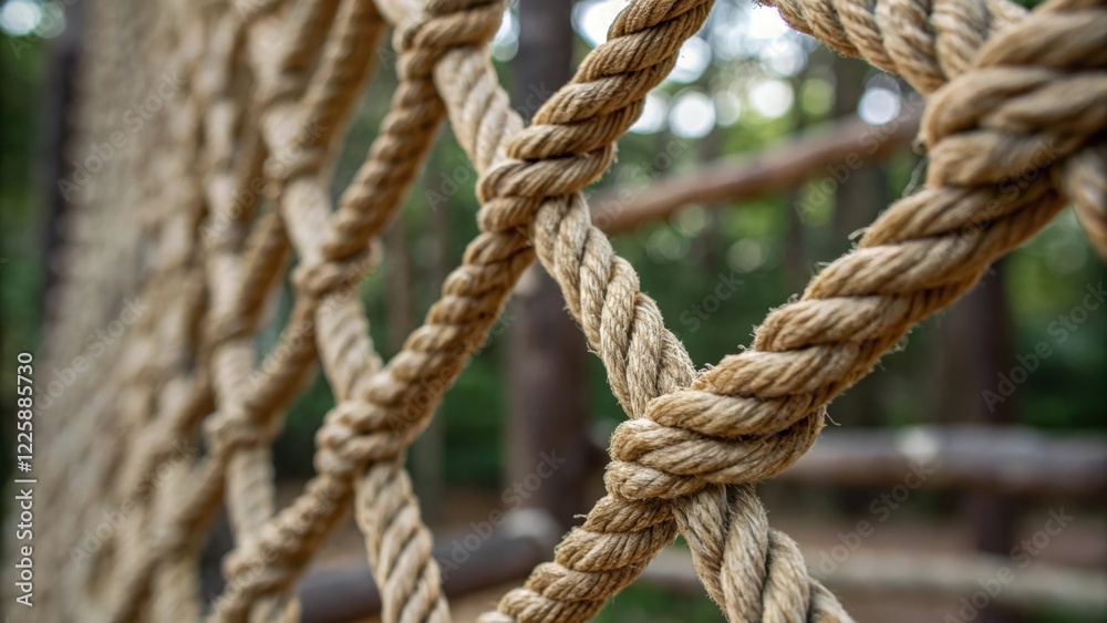 A closeup shot of the texture of ropes made from recycled fibers intertwined in a climbing structure illustrating both the durability and ecofriendly nature. A closeup shot of the texture of ropes made from recycled fibers intertwined in a climbing structure illustrating both the durability and ecofriendly nature.