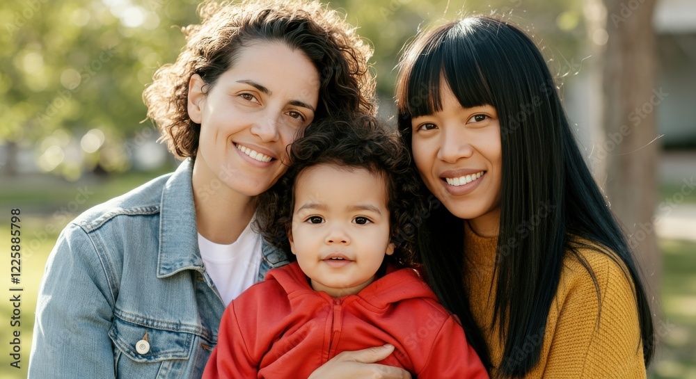 Diverse family bonding in nature – female couple with child smiling outdoors in sunlit park scene Diverse family bonding in nature – female couple with child smiling outdoors in sunlit park scene