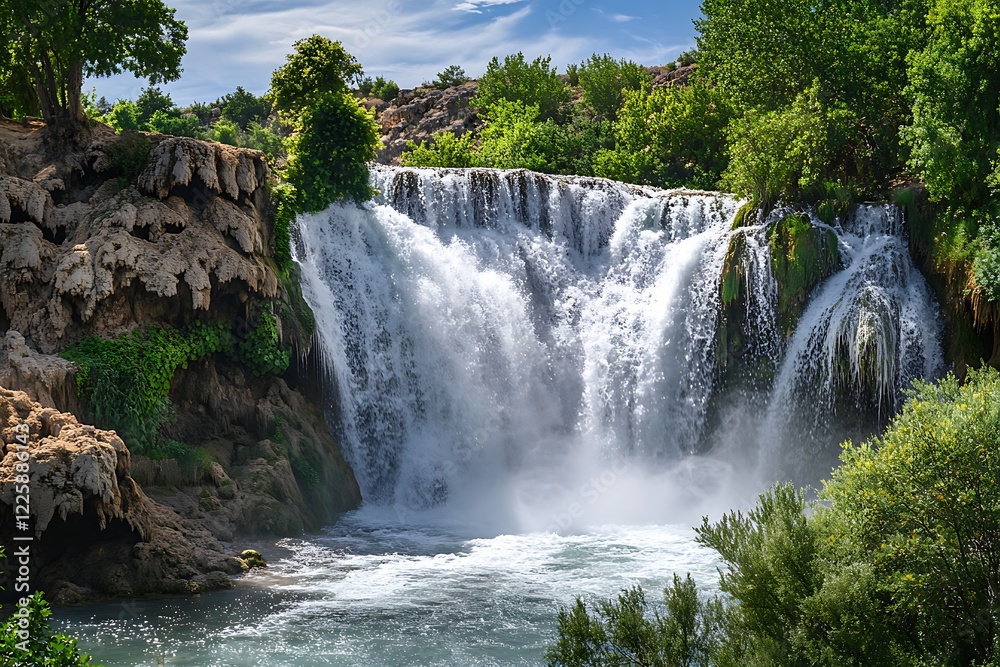 Fototapeta premium A thunderous waterfall cascading over rocky cliffs surrounded by lush vegetation.