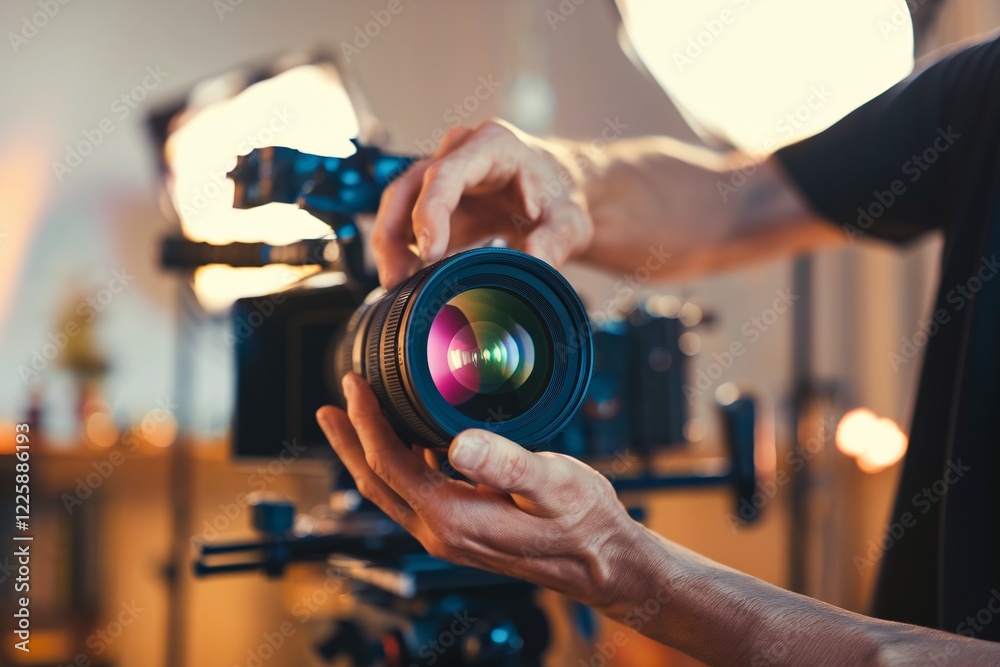 Close-up of a photographer holding a professional DSLR camera with a large lens in a studio environment. Blurred background with photography equipment. Perfect for creative and technical themes. Close-up of a photographer holding a professional DSLR camera with a large lens in a studio environment. Blurred background with photography equipment. Perfect for creative and technical themes.