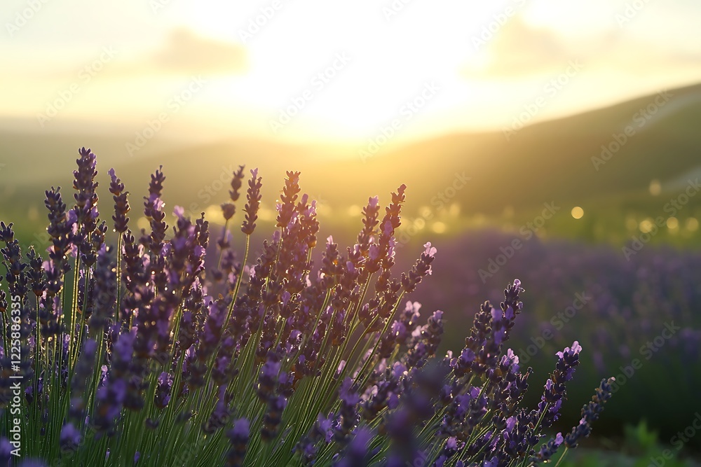 Fototapeta premium A tranquil dawn breaking over a rolling lavender field, with dew on the blossoms.