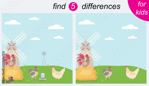 Logic puzzle game for kids. You need to find 5 differences. Farm. Rooster, hens and a mill.