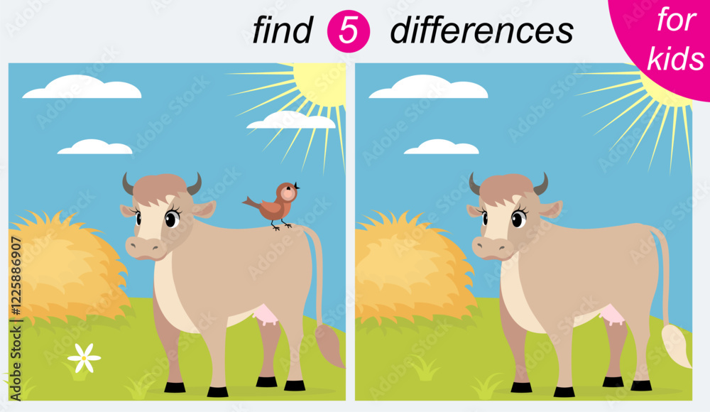 Obraz premium Logic puzzle game for kids. You need to find 5 differences. Farm. Cow and hay.