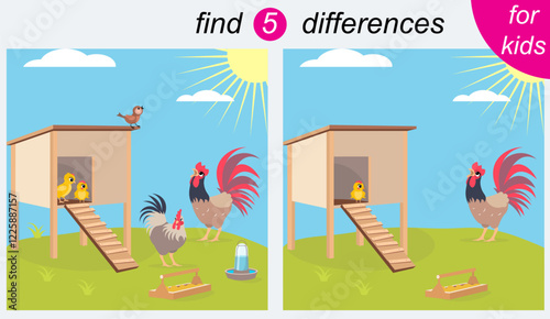 Logic puzzle game for kids. You need to find 5 differences. Farm. Hen, rooster and chicks in the hen house.