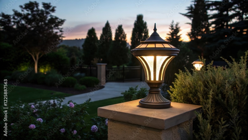 A medium closeup of a decorative light fixture being tested at dusk surrounded by lush landscaping and the silhouettes of trees in the softening light. A medium closeup of a decorative light fixture being tested at dusk surrounded by lush landscaping and the silhouettes of trees in the softening light.