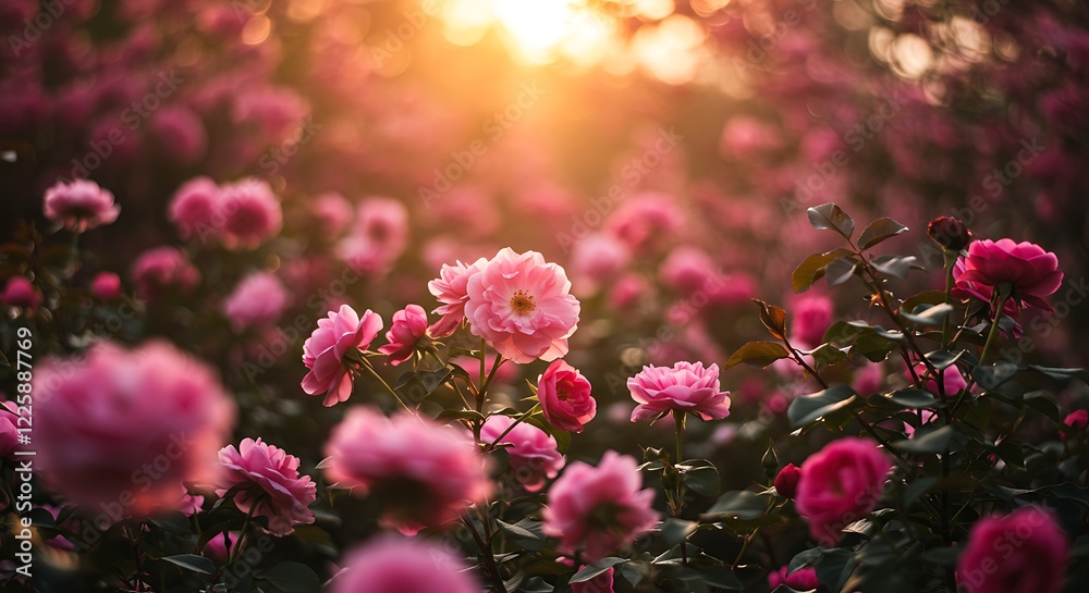 Stunning pink roses bloom in a garden bathed in sunset sunlight. Nature's beauty. Stunning pink roses bloom in a garden bathed in sunset sunlight. Nature's beauty.
