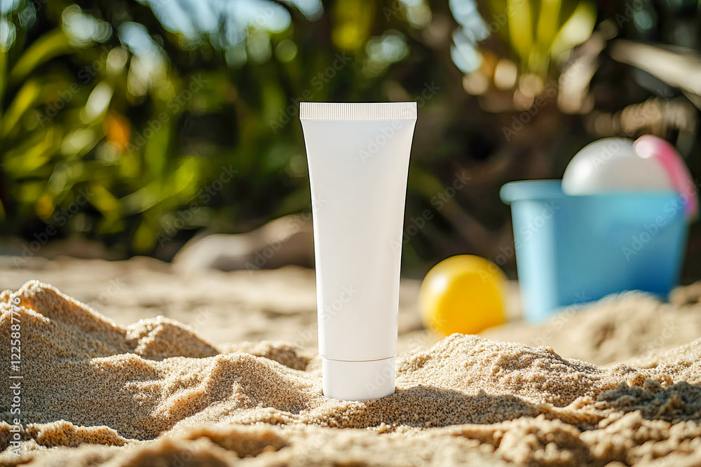 A tube of baby cream in a sandbox. Caring for the skin of babies. A tube of baby cream in a sandbox. Caring for the skin of babies.