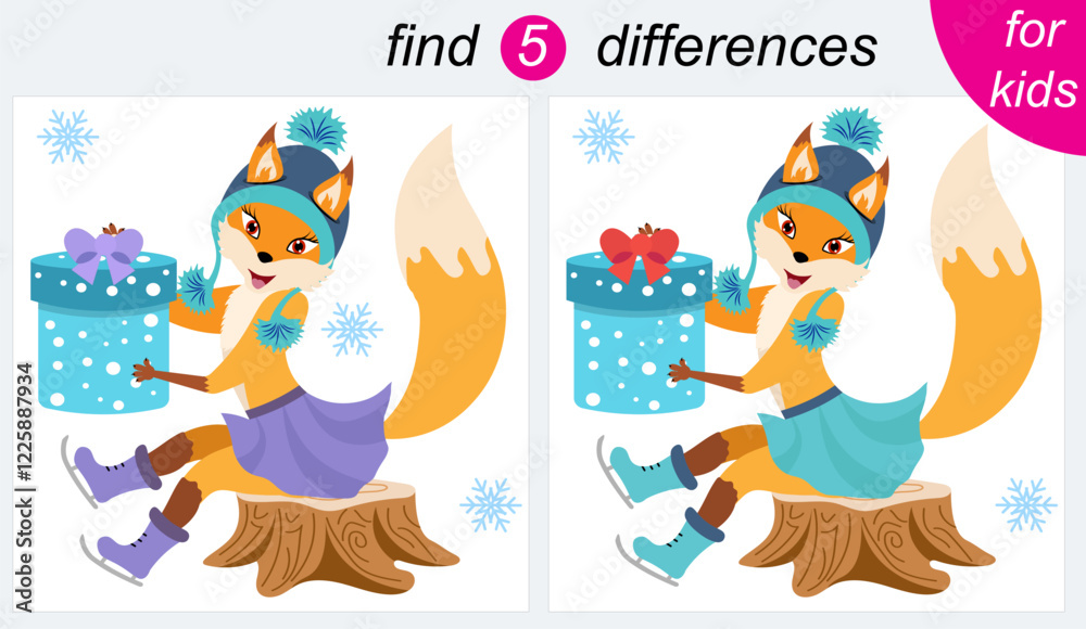 Naklejka premium Logic puzzle game for kids. You need to find 5 differences. Christmas. A fox with a gift is sitting on a stump.