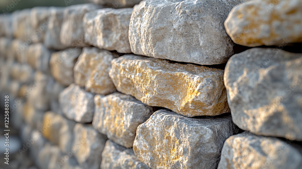 A textured stone wall made of light-colored stacked stones. A textured stone wall made of light-colored stacked stones.