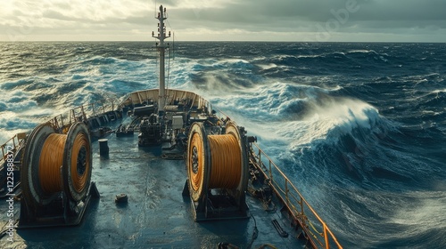 A ship equipped with massive spooling equipment on deck navigates the open ocean. The machinery is in focus, while the waves and sea create a dynamic background scene