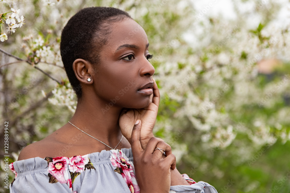 Beautiful young black woman with short hair and bare shoulders wearing a floral dress, posing in a blooming garden with her hand on her face. Meditation, mental treatment, psychology Beautiful young black woman with short hair and bare shoulders wearing a floral dress, posing in a blooming garden with her hand on her face. Meditation, mental treatment, psychology