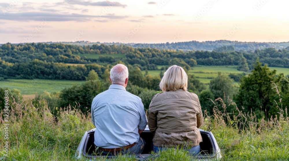 Elderly couple enjoys sunset view from car trunk in countryside Elderly couple enjoys sunset view from car trunk in countryside