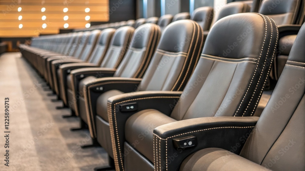 Obraz premium A medium closeup of new ergonomic chairs lined up in rows emphasizing their sleek design and comfort with subtle stitching details visible.