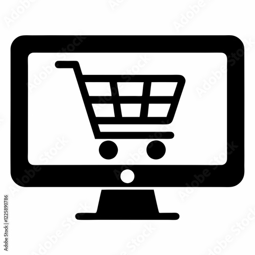Black and white monitor displaying shopping cart icon. Bold computer screen interface design. Concept of: digital retail, e-commerce platforms, online marketplaces.