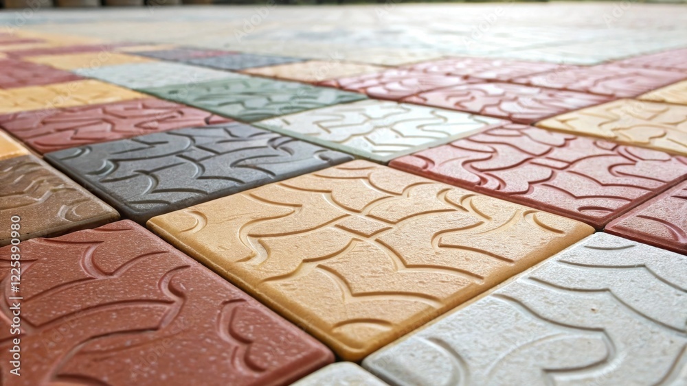 Fototapeta premium A medium closeup of textured tile flooring being laid capturing the interplay of colors and patterns that improve durability and visual appeal in hightraffic areas.