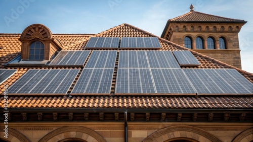 A medium closeup view of a sustainable energy system installation featuring solar panels discreetly integrated into the rooflines of a historic building. photo