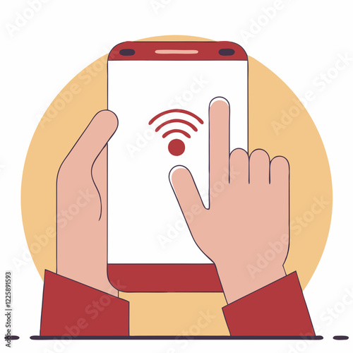 Hands holding smartphone connecting to WiFi. Minimalist illustration in muted red tones. Concept of: wireless connectivity, internet services, mobile technology.