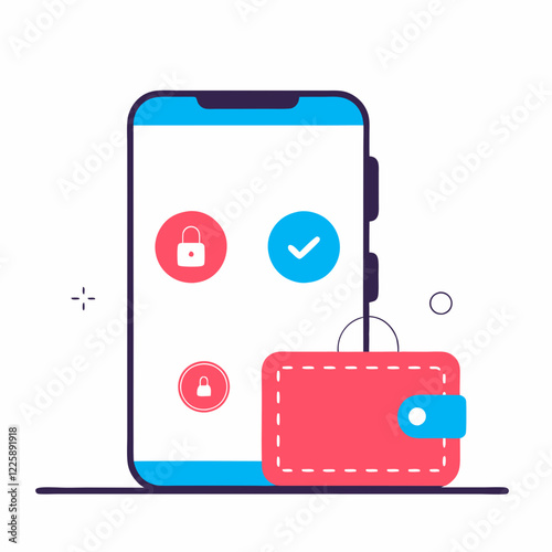 Smartphone displaying secure payment interface with digital wallet. Modern minimalist design featuring blue screen with security icons. Concept of: mobile banking, fintech, digital payments
