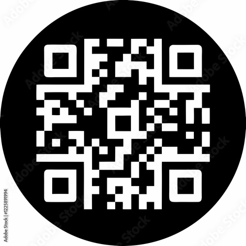 Black and white QR code on circular black background. Clean, high-contrast scannable matrix barcode. Concept of digital payment, mobile scanning, contactless technology.