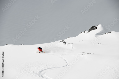 Top view of a skier going down a splitboard, moving from side to side photo