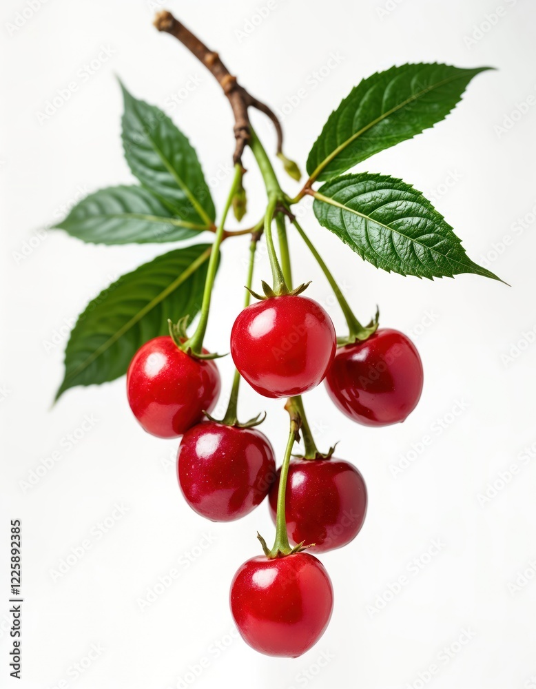 Fresh red cherries hang on branch with green leaves against white background. Juicy, ripe berries. Natural organic fruit. Perfect for food, beverage projects. High quality photo ideal for healthy Fresh red cherries hang on branch with green leaves against white background. Juicy, ripe berries. Natural organic fruit. Perfect for food, beverage projects. High quality photo ideal for healthy