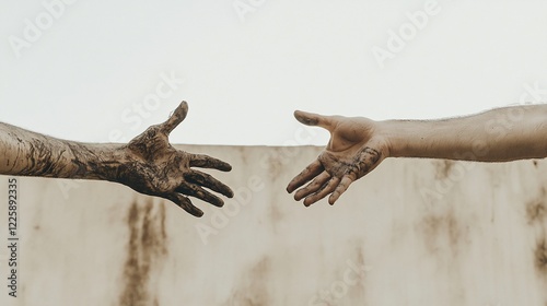 Two dirty hands reaching for a handshake.
