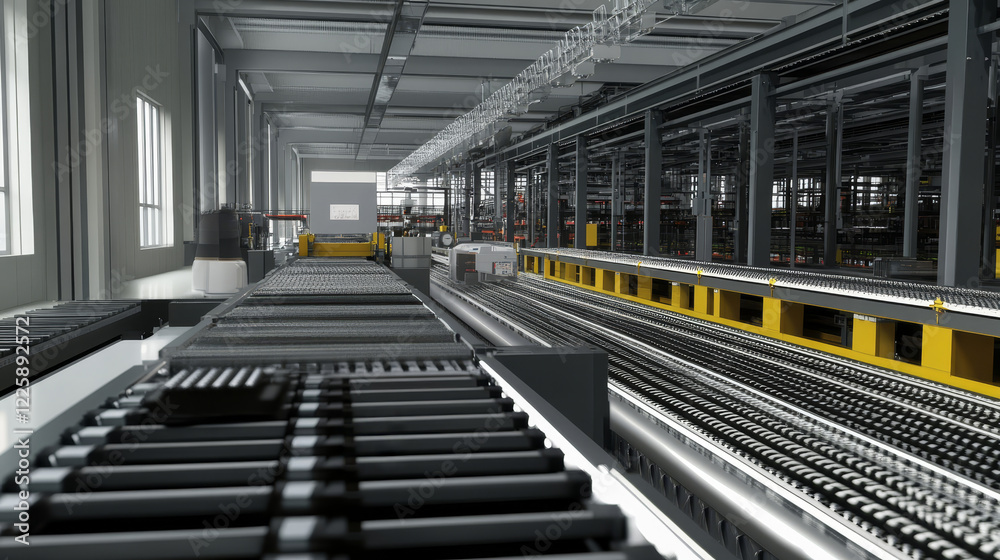 Obraz premium A conceptual 3D rendering of a robot assembly line in a factory, illustrating the automation industry's cutting-edge technology.