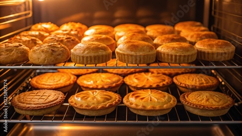 A vibrant display of freshly baked goods cooling on a rack with warm lighting illuminating the golden crusts showcasing the baking capabilities of the upgraded kitchen. photo