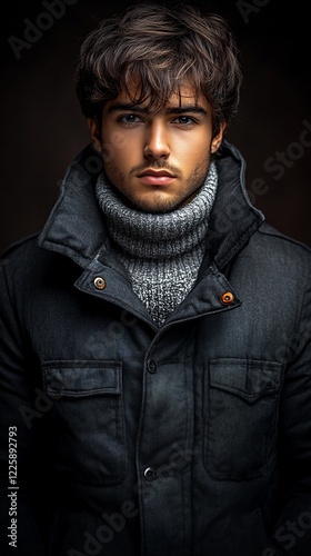 Portrait of a serious young man in a dark jacket and turtleneck.
