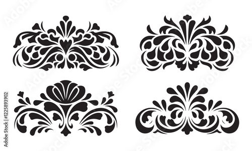 set of floral elements Elegant, bold, and intricate floral swirl patterns in black silhouette.