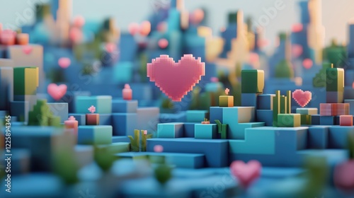Colorful pixelated landscape with floating hearts in a playful digital environment, perfect for representing love, friendship, and virtual connections