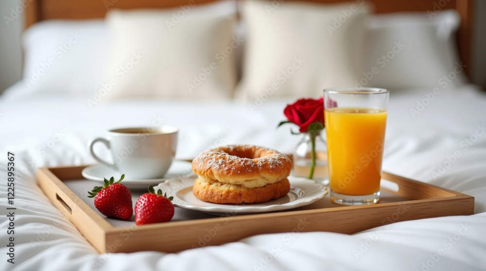 Romantic Valentine's Day breakfast. A portable tray holds fresh strawberries, a fluffy bun, orange juice and a red rose, creating a cozy and romantic atmosphere for a perfect morning in bed Romantic Valentine's Day breakfast. A portable tray holds fresh strawberries, a fluffy bun, orange juice and a red rose, creating a cozy and romantic atmosphere for a perfect morning in bed