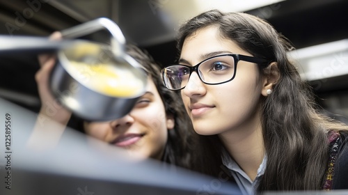 Two young women intently observe a culinary process.