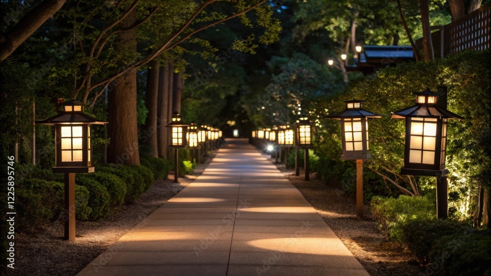Medium closeup of a path illuminated by lanternstyle signage casting playful shadows on nearby foliage while enhancing the evening stroll experience. Medium closeup of a path illuminated by lanternstyle signage casting playful shadows on nearby foliage while enhancing the evening stroll experience.