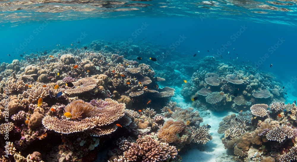 Obraz premium Vibrant Coral Reef Underwater Scene with Colorful Fish