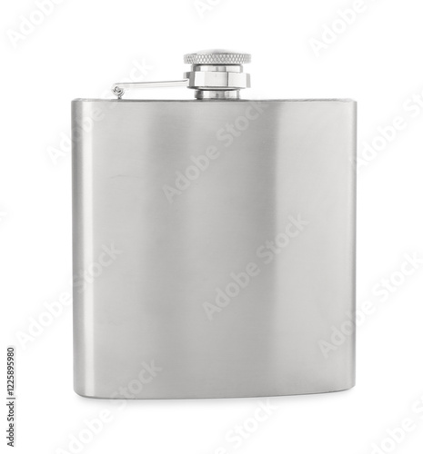 One metal hip flask isolated on white